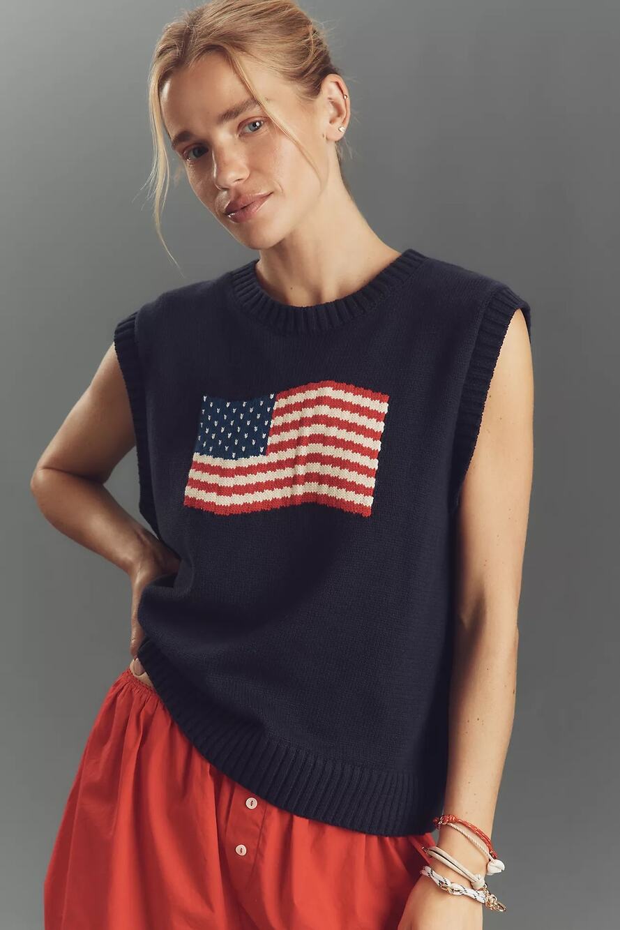 Anthropologie Porridge Crew-Neck Flag Icon Sweater Vest Size Small Oversized USA
